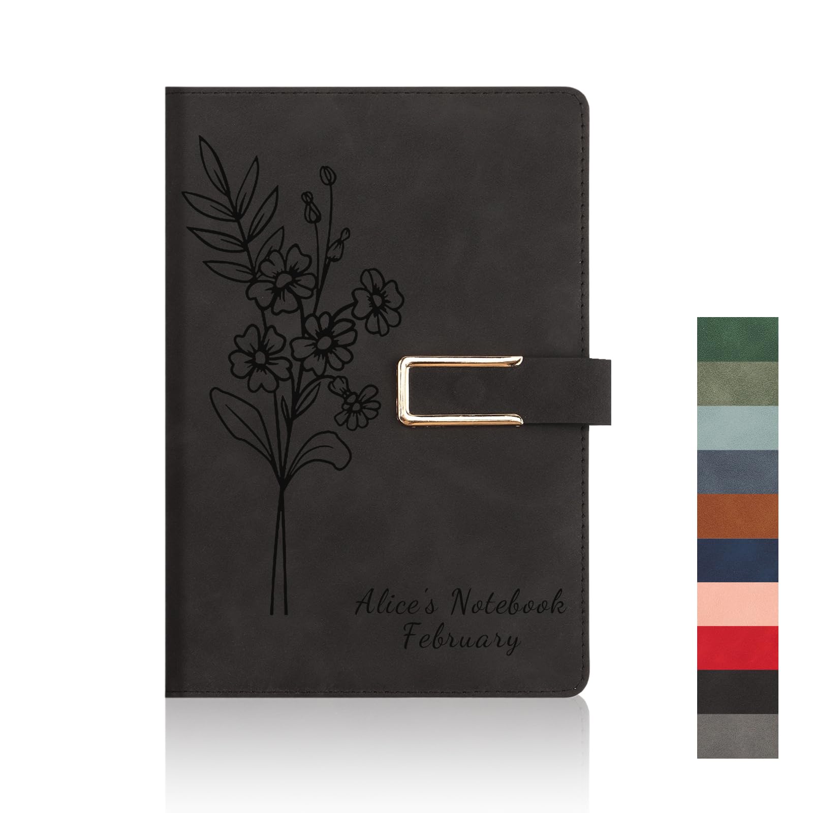 Personalised A5 Notebook, Custom Name & Birth Flower Journal, Birthday Gift (Black)
