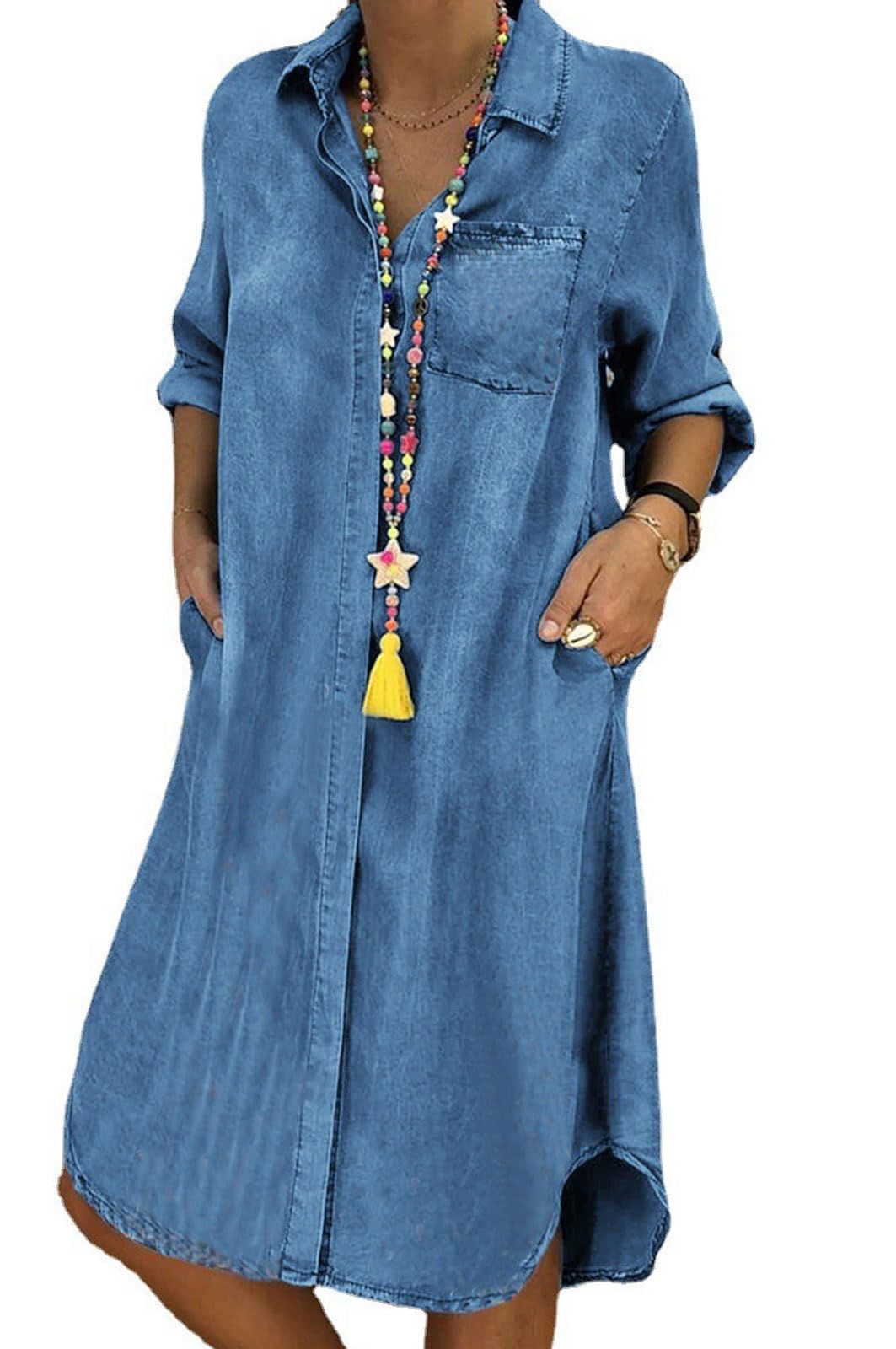 Chartouwomen Long Sleeve Denim Button Up Shirt Dress Midi Jean