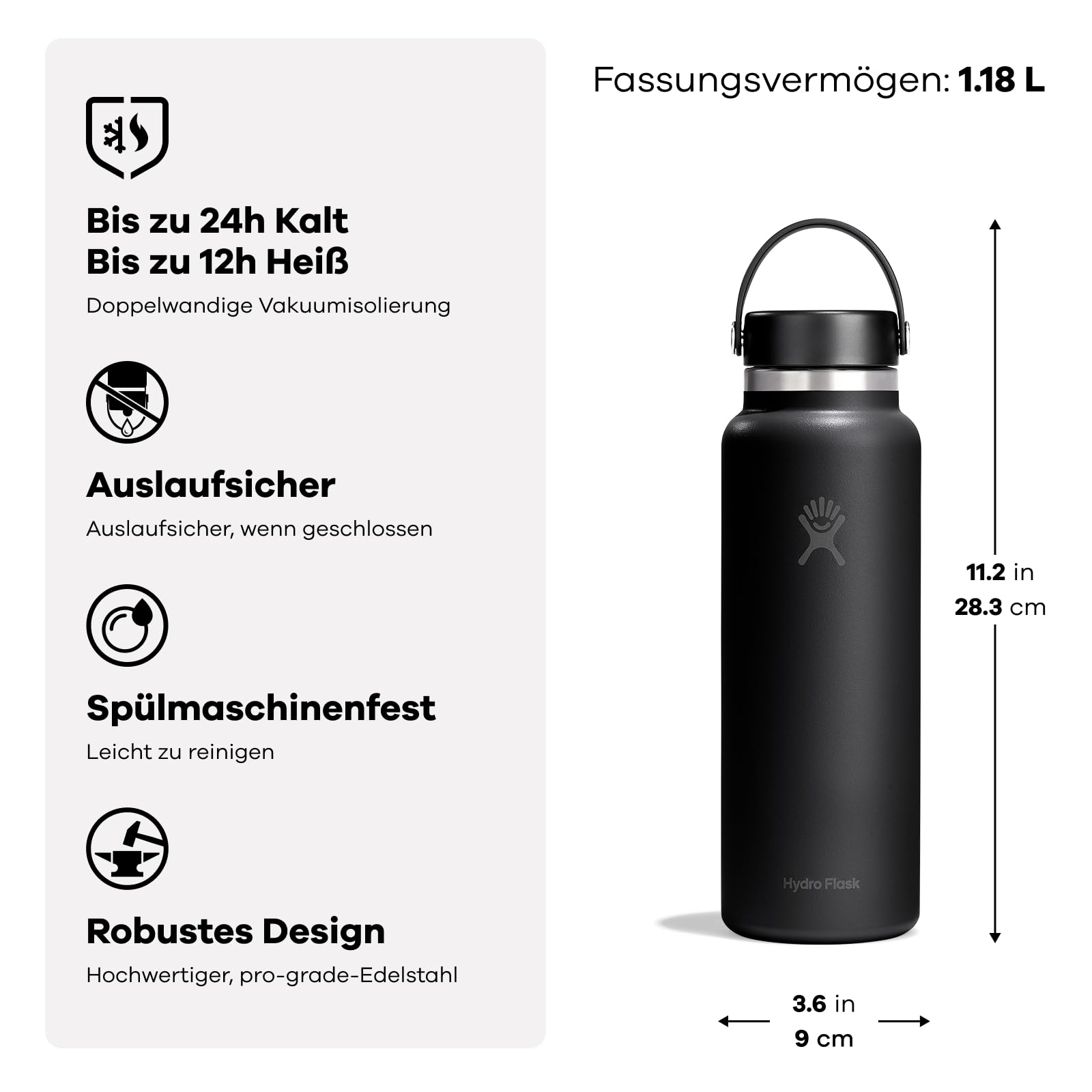 Hydro Flask – Wide Flex Cap 1,182 ml (40 oz) Bottle | Edelstahl, auslaufsicher – Kalt 24 Std., heiß 12 Std. isoliert – Harbor Blue