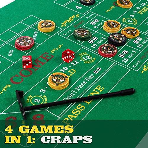 Brybelly Casino Night 4-in-1 Complete Game Set with Felts, Wheel, 100 Chips, Dice & Cards for Blackjack, Craps, Roulette & Texas Hold'em - Green Felt Double Sided Casino Tabletop Gaming Mat by Brybelly - Image 5