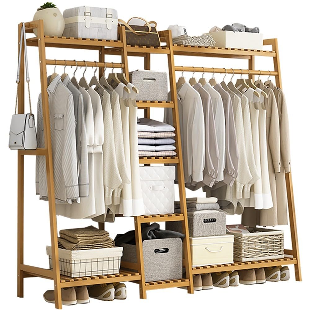 XDLEDMKIZ Bamboo Freestanding Clothes Rack with Top Shelf and Garment Rack for Bedroom and Entryway Storage