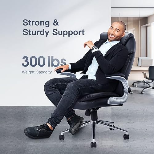 Huanuo Leather Office Chair, Executive Computer Desk Chair, Executive Office Chair With Adjustable Flip-Up Arms, Leather Desk Chair With Lumbar Support #TOP6