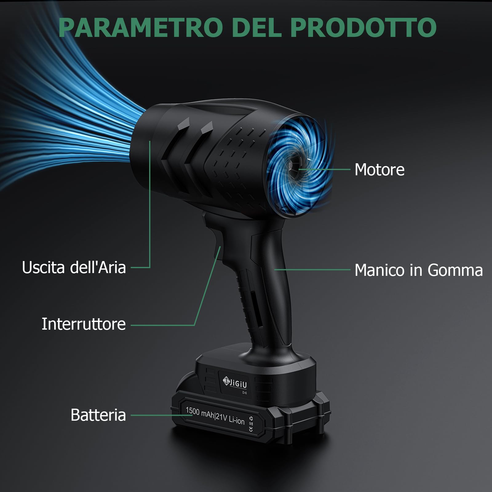 JiGiU Soffiatore di foglie senza fili con batteria, 35000 giri/min, soffiatore d'aria con batteria da 2 x 3,0 Ah, leggero e portatile per giardino, terrazza, auto e polvere