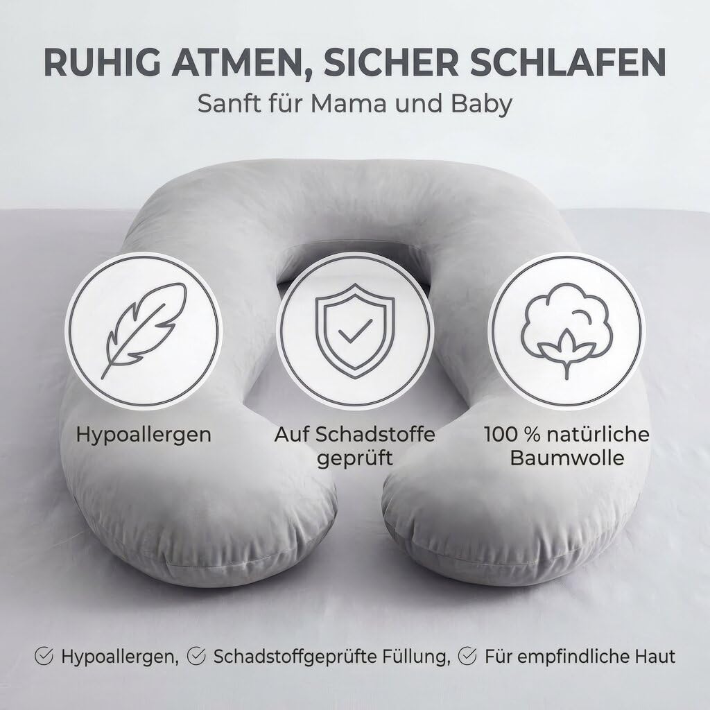 SMOOTHY XXL Schwangerschaftskissen Seitenschläferkissen U-Form 150x80 cm 100% Baumwolle Grau