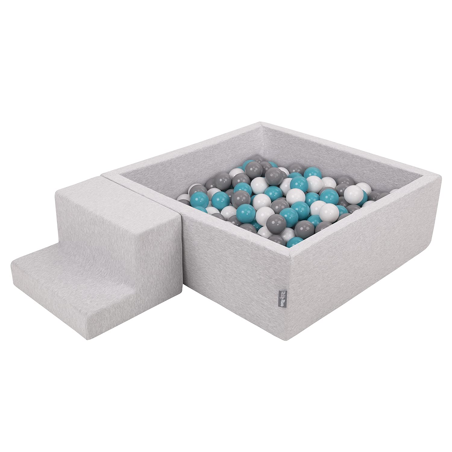 KiddyMoon Foam Playground For Kids With Square Ballpit (100 Balls ∅ 7Cm/2.75In) Soft Obstacles Course And Ball Pool, Made In The EU, Lightgrey:Grey/White/Turquoise