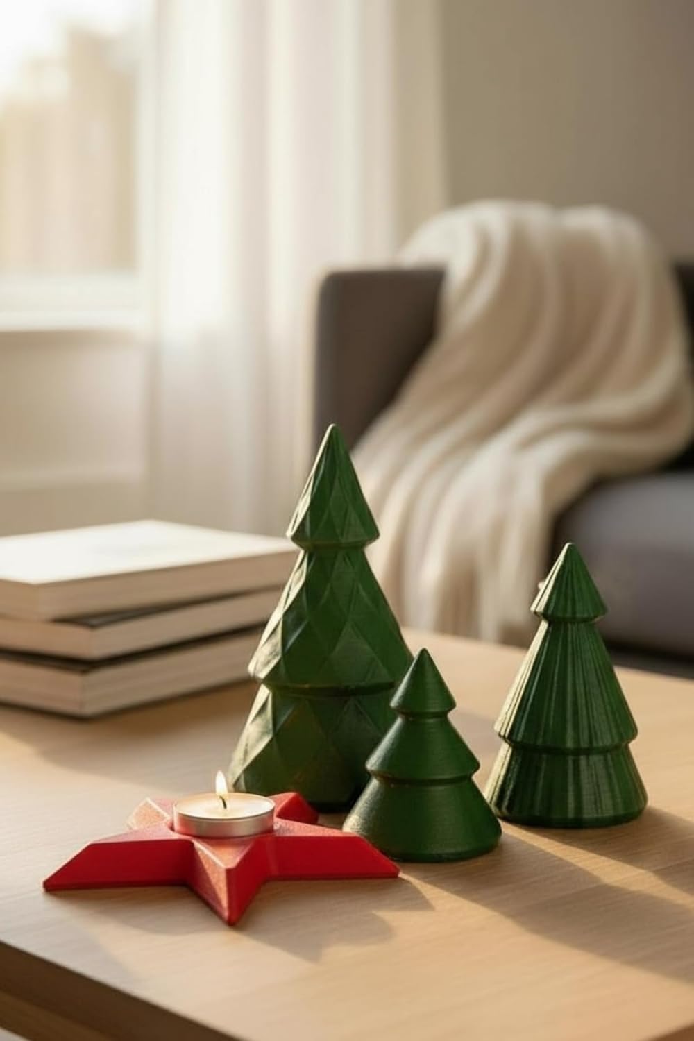 SODEF Figurine Set 4 Piece Handmade Concrete Decorative Christmas Tree and Star | Glossy Ceramic Look | Scandinavian Style - Multicolor, One Size