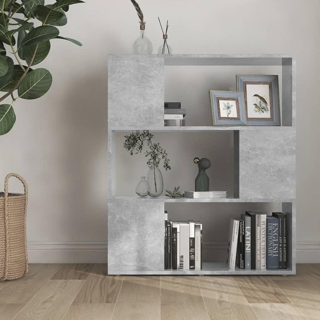 Regał na książki, ścianka działowa, szary beton, 80 x 24 x 94 cm, materiał drewnopochodny z 3 przestronnymi przegródkami, uchwyt ścienny, idealny do salonu, biura, pokoju dziecięcego