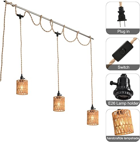 Miniatura 5 de Lámpara colgante de 3 luces con cable enchufable, lámpara colgante de cuerda de cáñamo de 22 pies, iluminación colgante vintage de 3 luces para