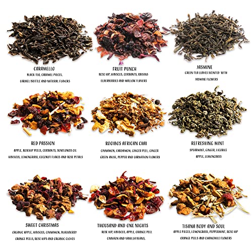 Shangri La Tea Company Loose Leaf Tea Sampler, 9 Flavors, 2Oz Each, 250 Cups Of Tea, Packed In Individual Tins Nested In A Leather Gift Box #TOP3
