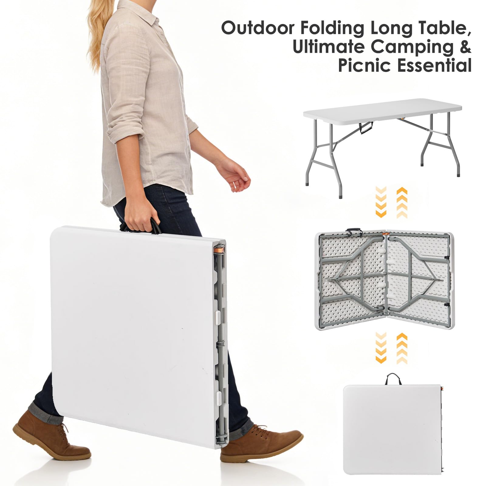 SDHYL Table Pliante Plastique 1,5m Blanc - sans Assemblage | 2 Positions Pliables - Blanc Table de Pique-Nique/Camping/Utilitaire