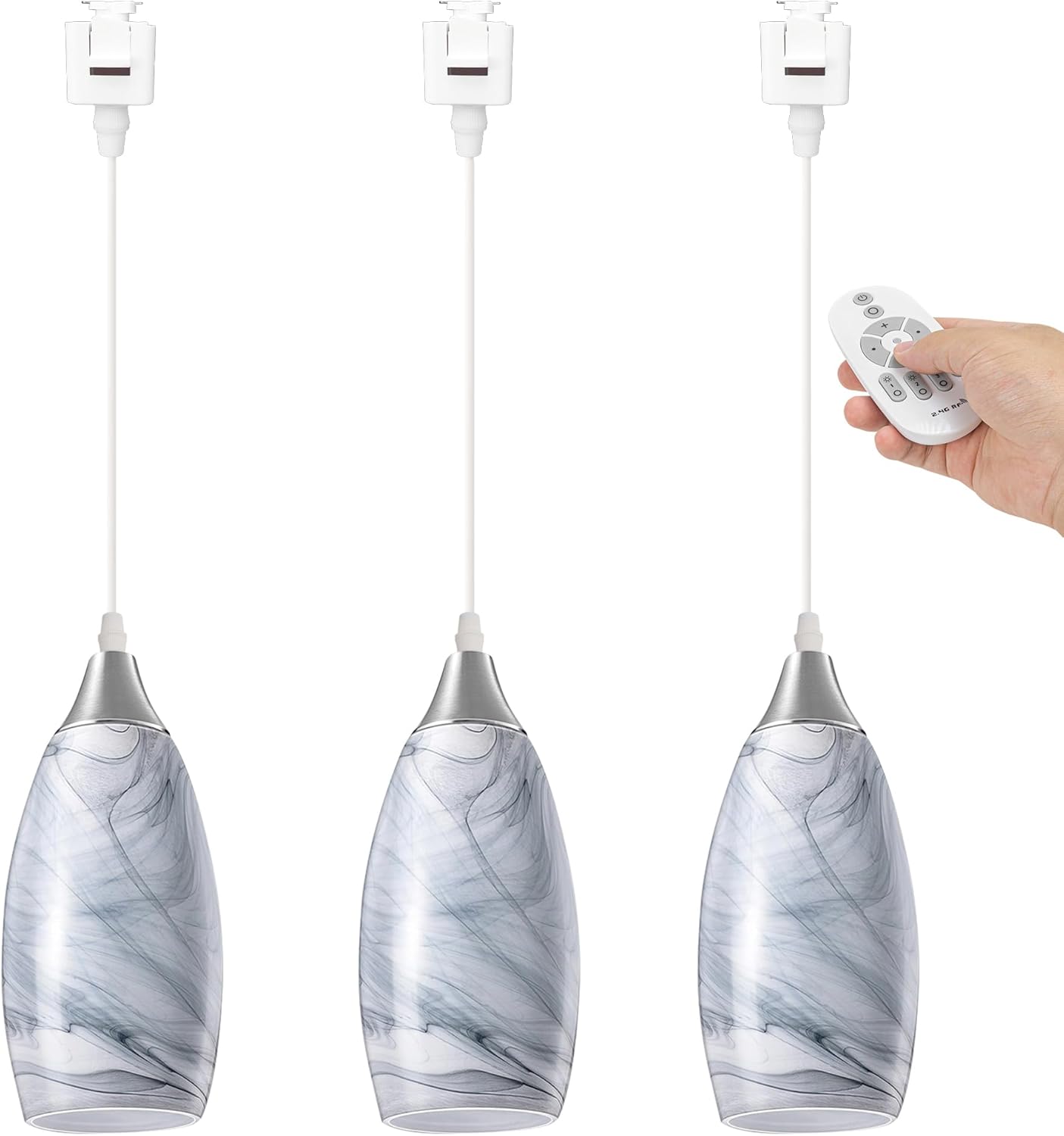 Kiven 3-Light J-Type track lighting pendants Dimmable,Modern J track pendant lights with Gray Marble Art Glass Lampsade,Decorative Track Lighting Fixture for Kitchen Island Hallway Restaurant