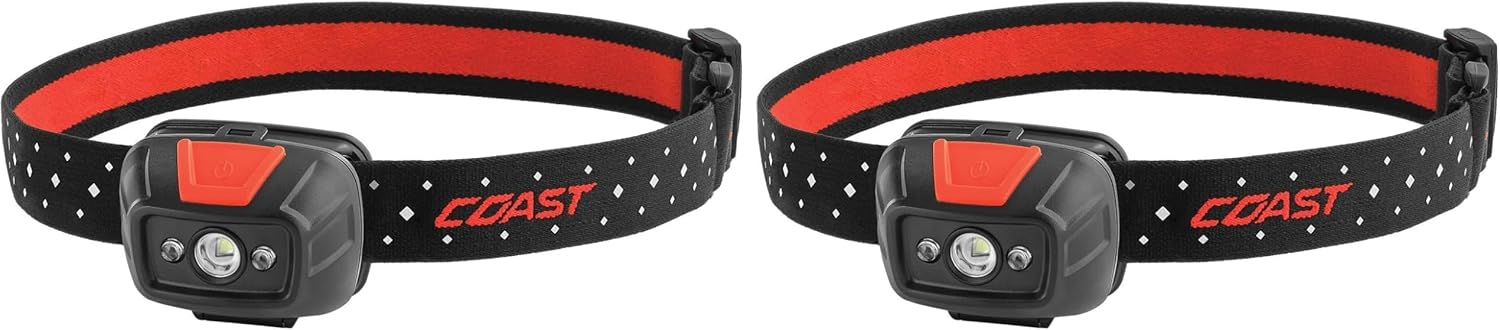 Coast® FL19 365 Lumen Dual Color (White & Red) LED Headlamp, Batteries & Hard Hat Clips Included, Black (Pack of 2)