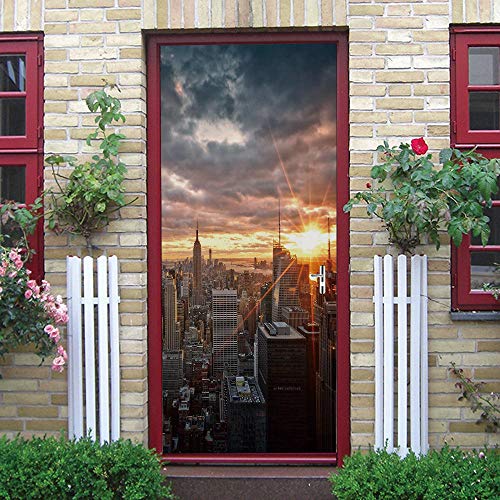 QHOXAI Autocollants Porte Effet 3D Paysage De La Ville Au Coucher Du Soleil Auto-Adhésif Art Poster Porte Pvc Sticker Porte Trompe L'Œil Papier Peint Pour Porte Cuisine Salon Chambre Salle De Bain 77X