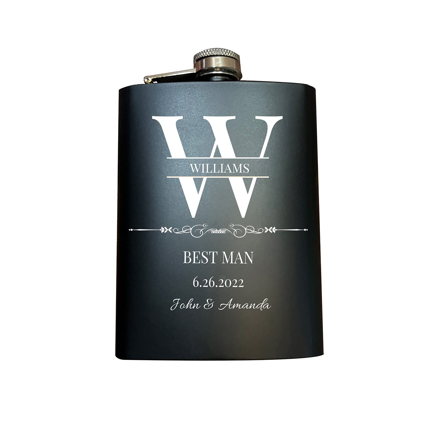 8oz Personalized Groomsmen Flask, Groomsmen Gifts For Wedding, Custom Engraved 304 Stainless Steel Hip Flask for Best Man Groom Father of Bride, Black