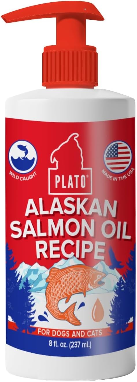 PLATO Wild Alaskan Salmon Oil Kibble Topper - Boost Dog Food with Omega 3 & 6 Fatty Acids - For Healthy Skin & Coat - 8 ounces