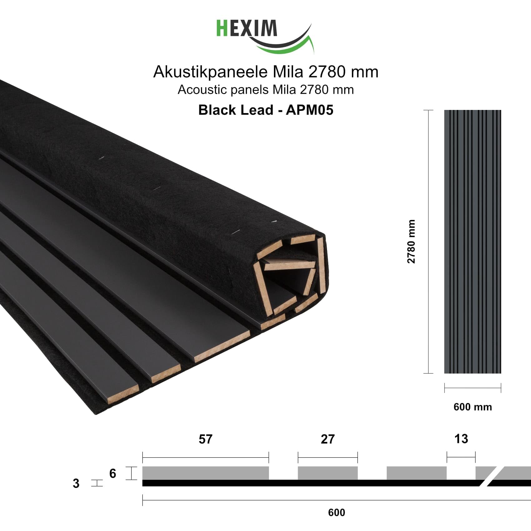 HEXIM Akustikpaneele 6 Stück 278x60cm Holz Mila - flexible Holzpaneele Platten Wandpaneele Wanddeko Kombipaneel Wandverkleidung Schalldämmung Akustikfilz anthrazit (10.02m² Black Lead)