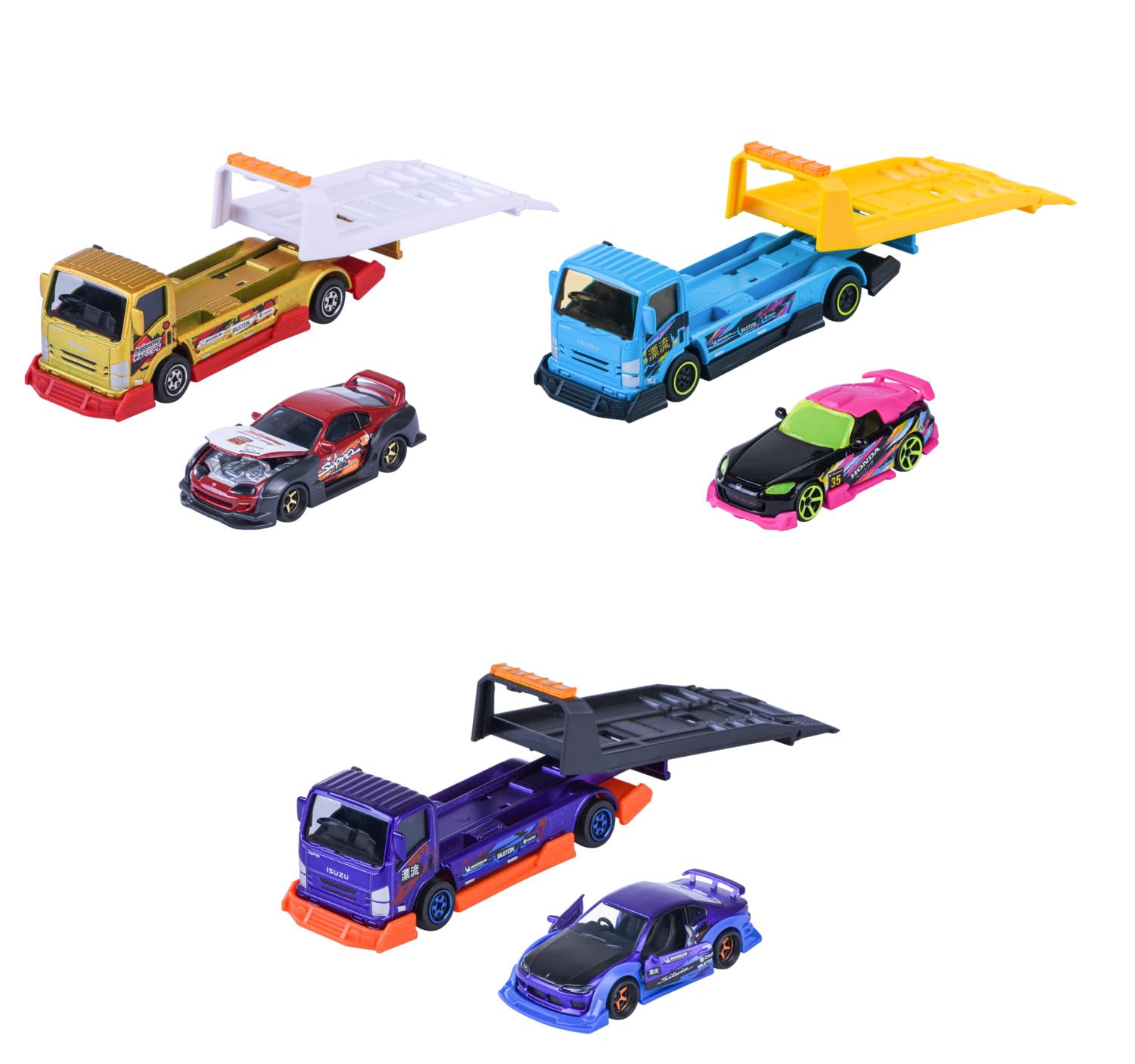 Majorette Tuning Cars JDM Legends Transporter (Set of 2 Toy Cars) - Truck Including Metal Model Car with Removable Parts, Random Selection of 3 Car Sets for Children from 3 Years, 13 cm