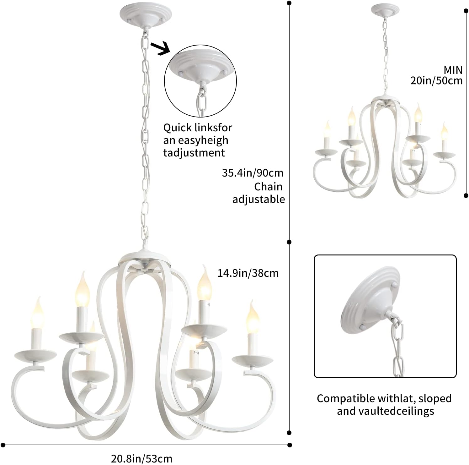 New Deal Ganeed French Country Chandelier,6-Light White Candle-Style Chandeliers,Vintage Metal Pendant Chandelier Ceiling Pendant Lighting Fixture for Dinner Table,Island Kitchen,Living Room