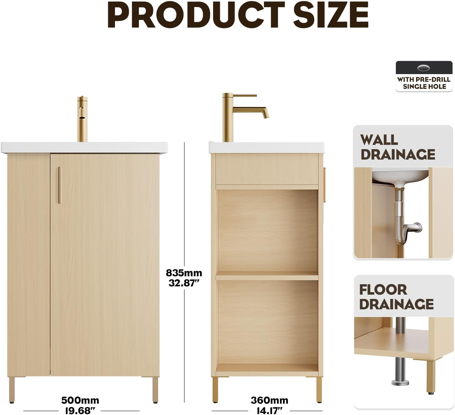 phiestina 20 Inch Oak Pre-Assembled Freestanding Small Bathroom Vanity Cabinet with Ceramic Sink, Soft-Close Door, Left Side Storage, Space-Saving Design, No Faucet,BV05-20-oak