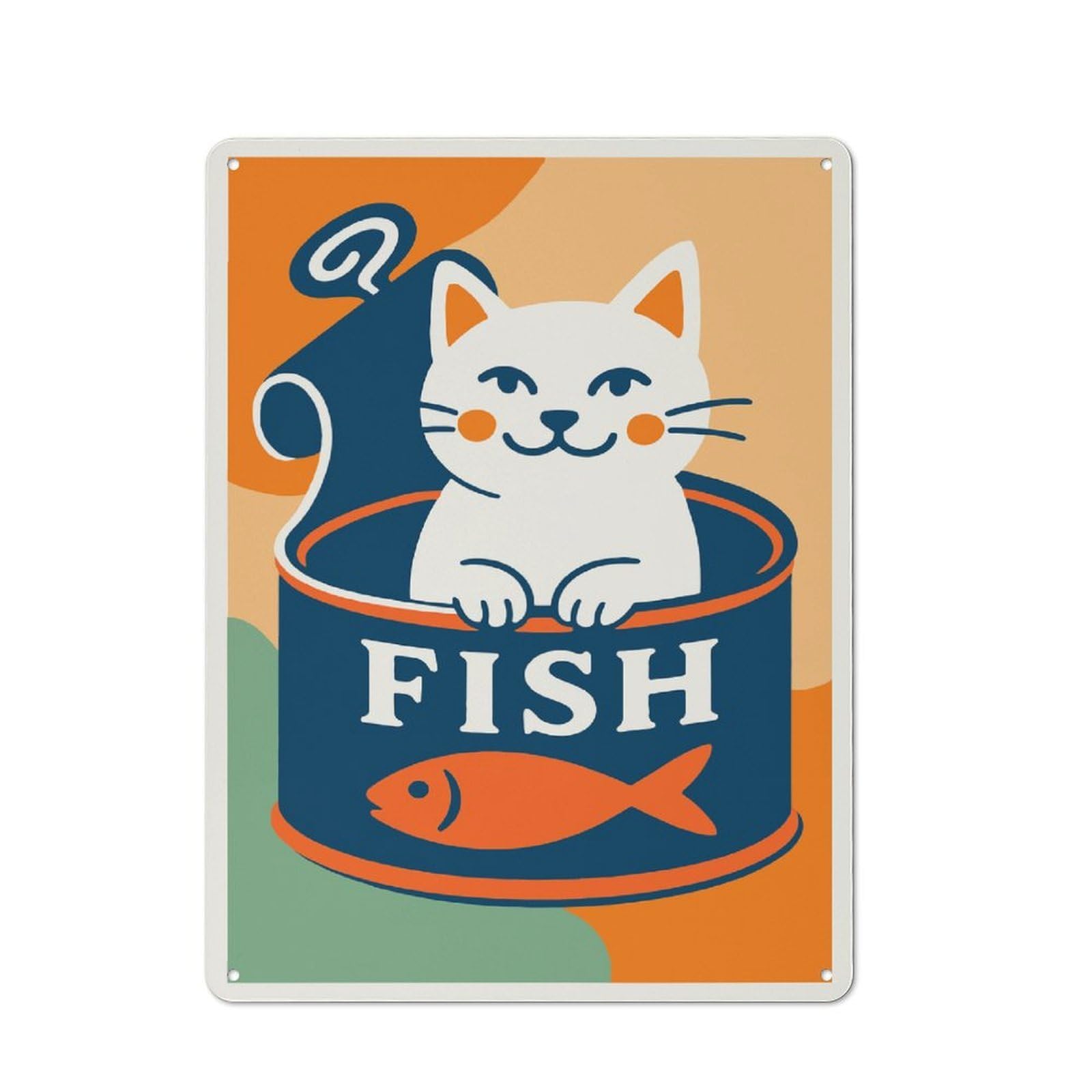Junmoney Style Cat In A Fish Can Illustration Tin Sign 40X30cm, Modern Vintage Creative Space Decor For Hobby Room, Office, Lounge Or Living Room