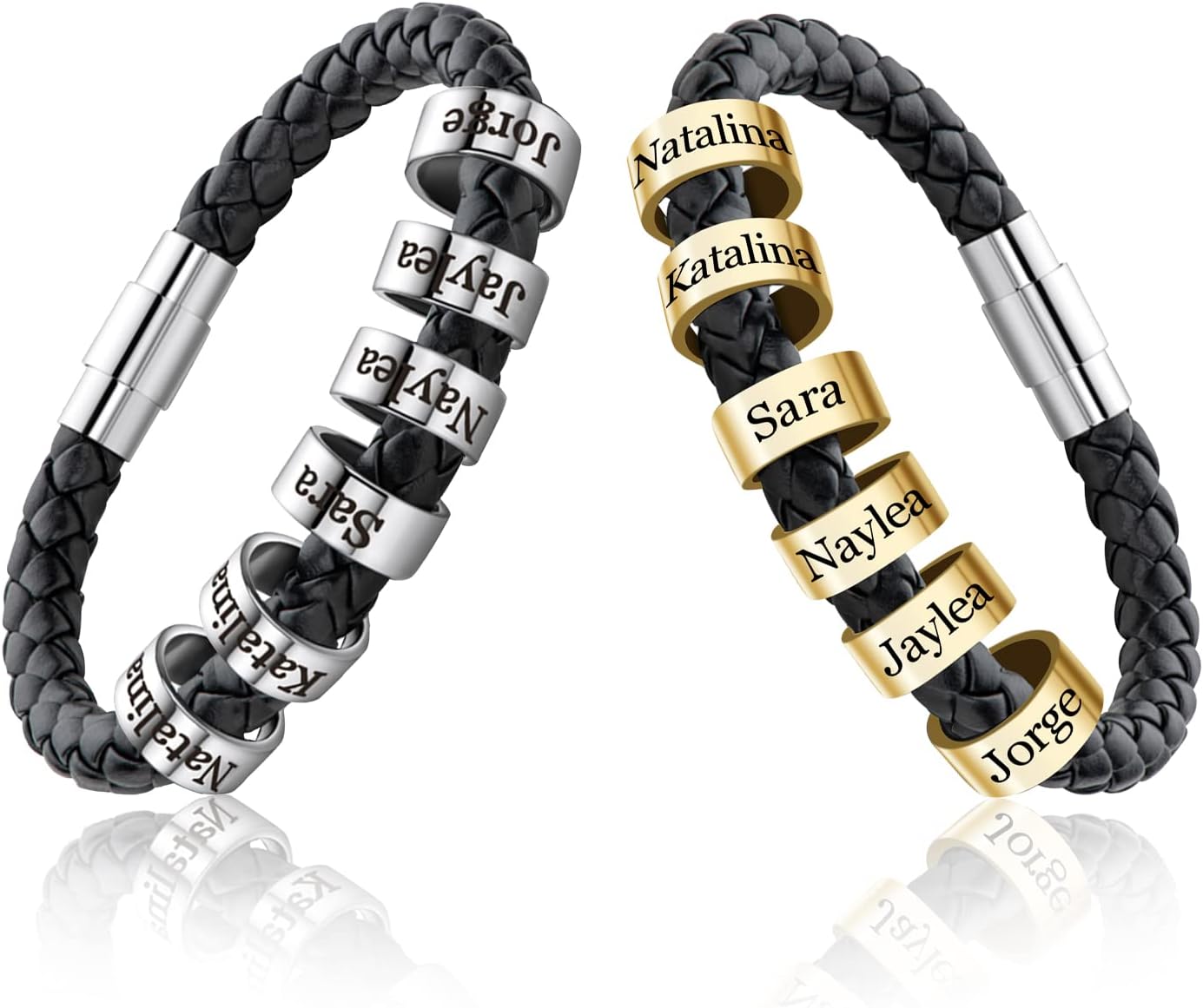Mens Leather Bracelets with 1-6 Engraved Beads&Name Custom ID Name Braid Bracelet for Men Husband Father Dad Grandpa