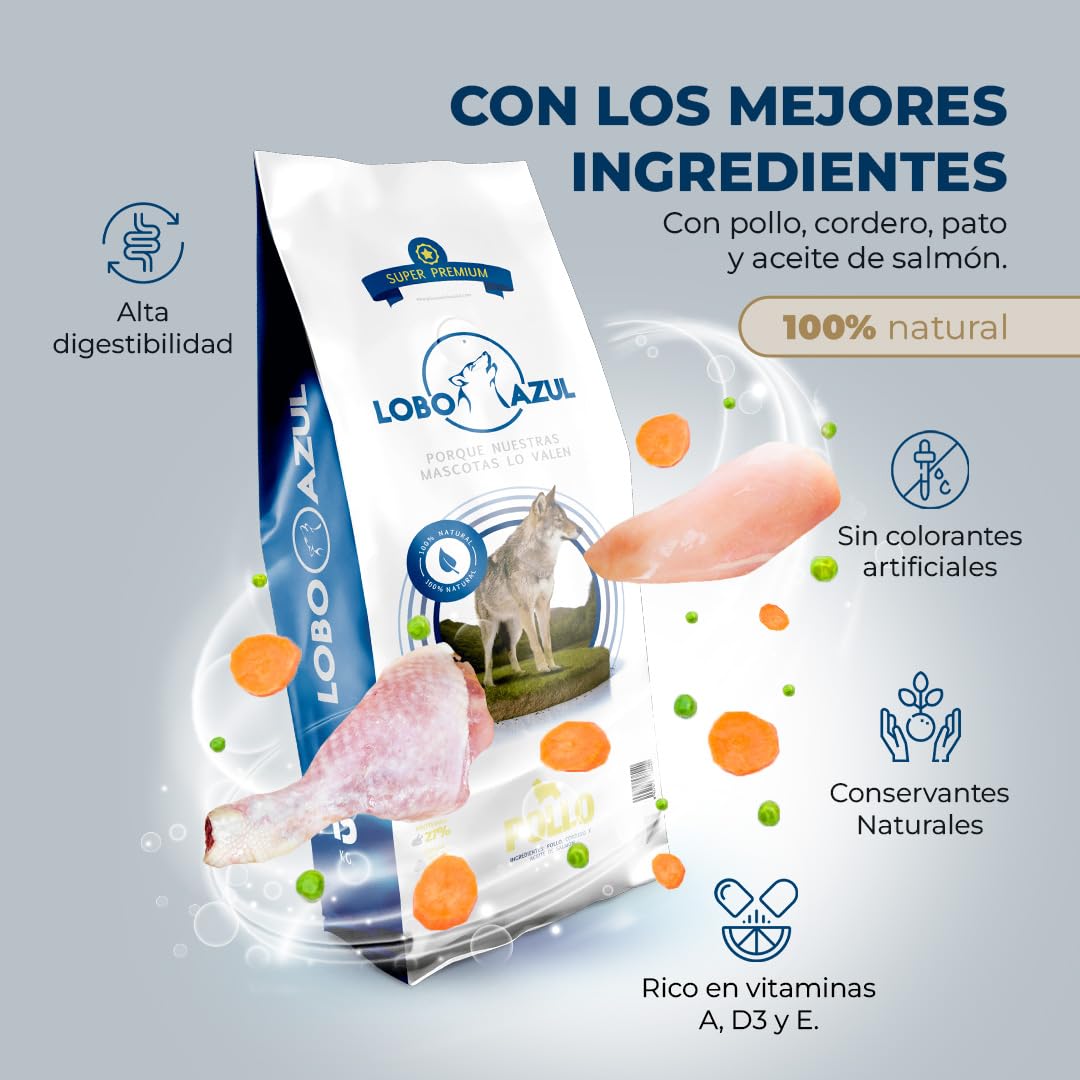 Pollo - Pienso Natural para Perros - Comida Baja en Calorías y Alta en Proteínas - Alimento Completo y Equilibrado para Perros Adultos - 15kg - Lobo Azul Super Premium