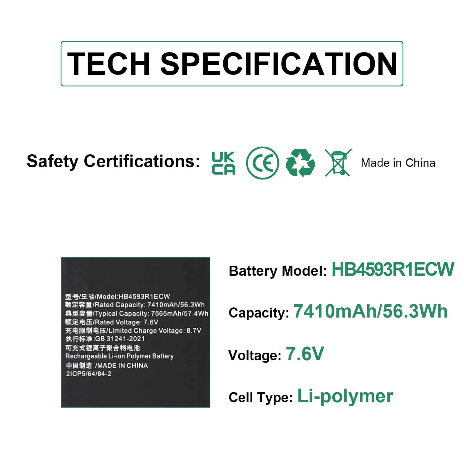 HB4593R1ECW Batteria Compatibile con Huawei Matebook X Pro i7 Mach-W29 2019 MACH-W19B MACH-W29C KLV-W19 KPL-W00 VLT-W60/50 Serie, MagicBook i5 8250U i7 8550U R5 2500U Serie