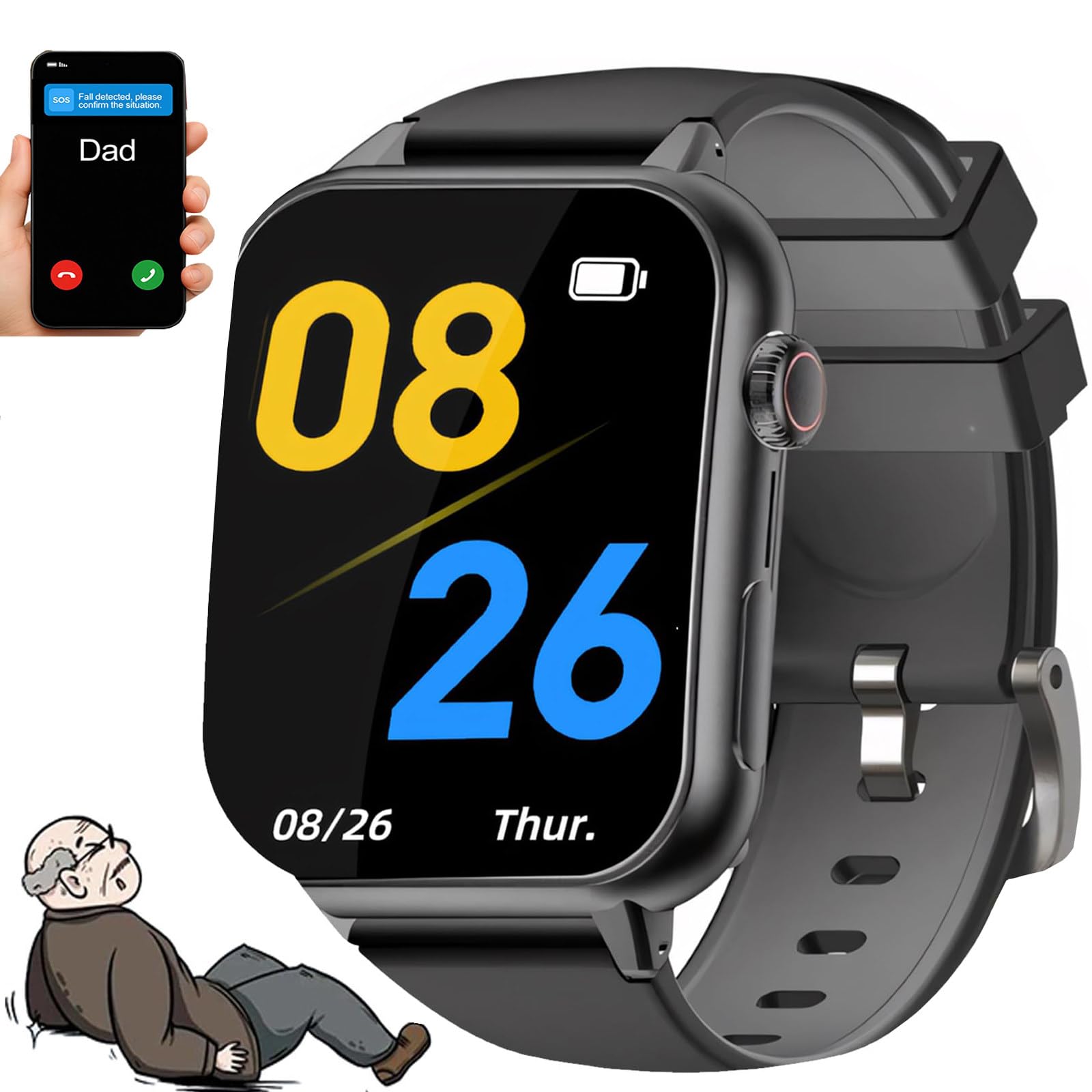 Smartwatches 4G para Personas Mayores, Pantalla Curva De 1,83″, Detección De Caídas | Botón De Emergencia SOS | Posicionamiento GPS | Llamadas Bidireccionales | Zona Segura Black