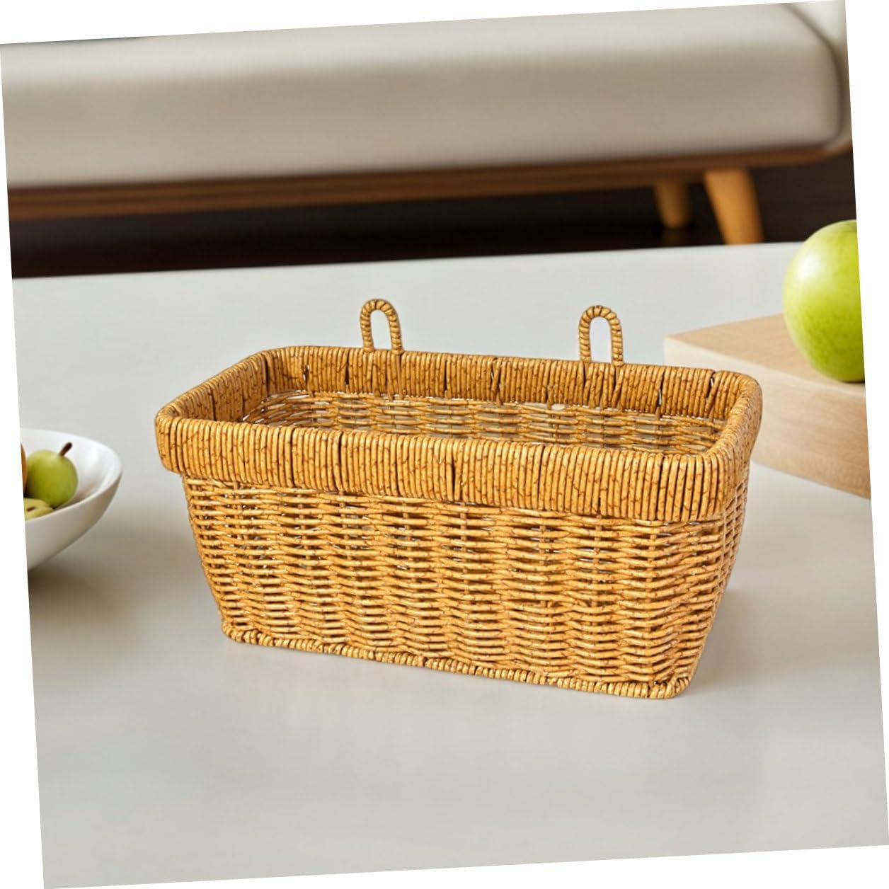 Garneck 2pcs Kitchen Hanging Woven Basket Set, Plastic Rattan Storage Bins for Garlic, Ginger, Fruits, and Eggs, Wall Mounted Kitchen Organizer for Vegetable and Produce Storage