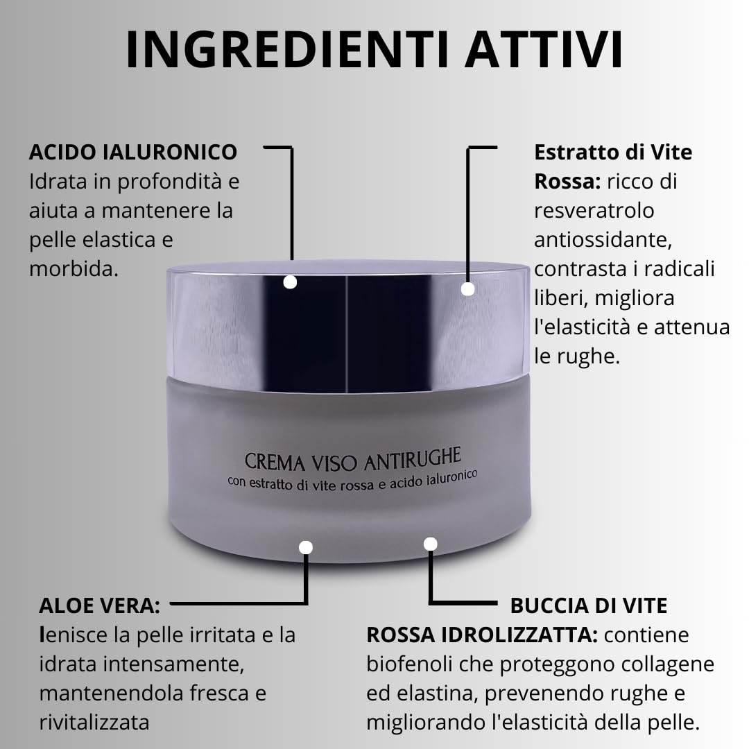 DIVERSIVO - Crema Viso Antirughe - Idratante e Rassodante con Vite Rossa, Acido Ialuronico e Aloe Vera - 50ml