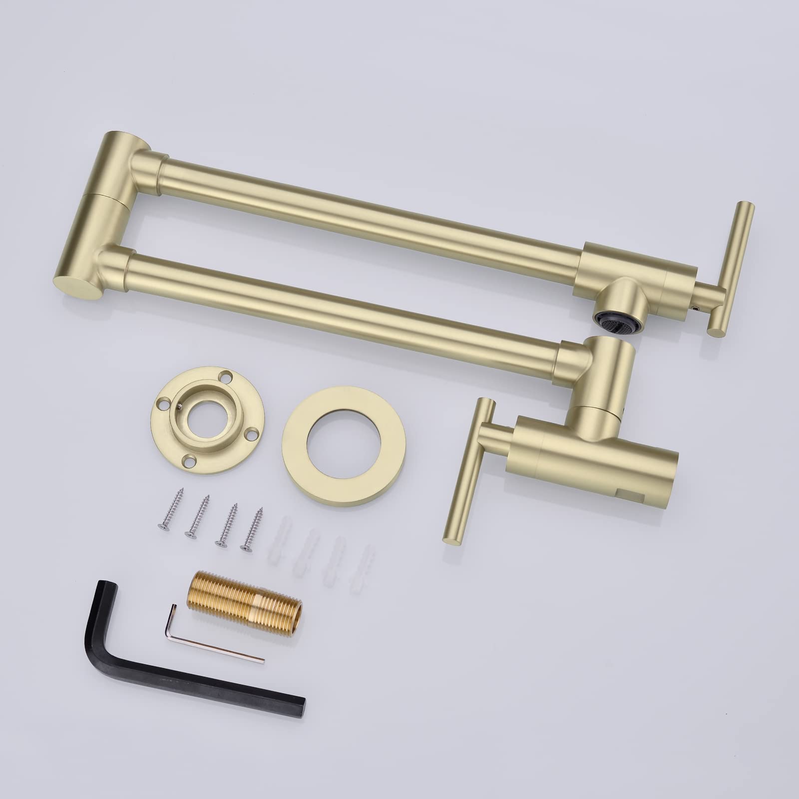 Grifo de llenado de olla de oro cepillado de acero inoxidable comercial montaje en pared grifo del fregadero de cocina plegable estirable con un solo agujero dos asas