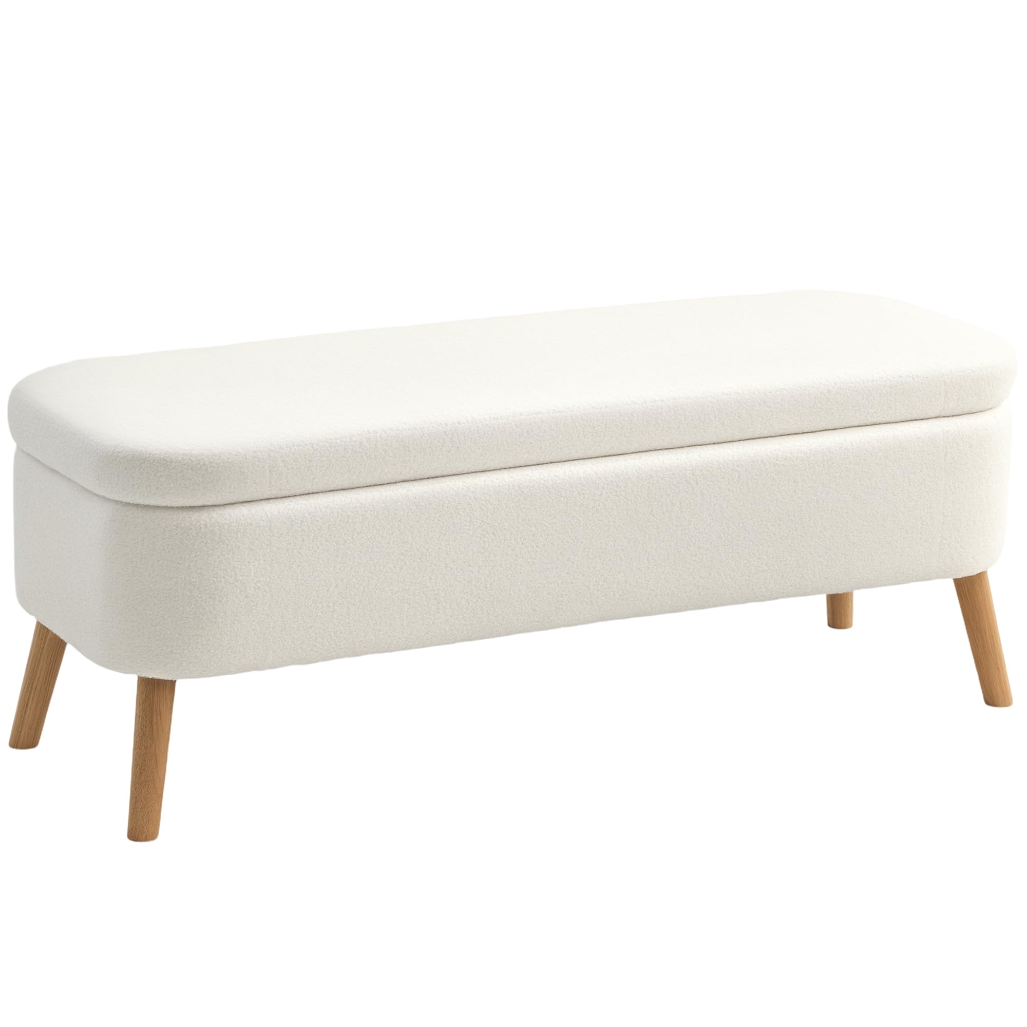 HOMCOM Banco con cojín almacén, Patas Madera, 120x42x45, Blanco Crema | Aspecto vellón teddy, banco con almacén, banco cama, para sala, dormitorio, pasillo.