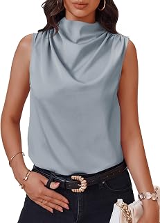 Cicy Bell Womens Mock Neck Satin Tank Tops Silky Business Casual Outfits | Cowl Neck, Ruched Draped, Sleeveless, Office Work, Corporate Blouse
