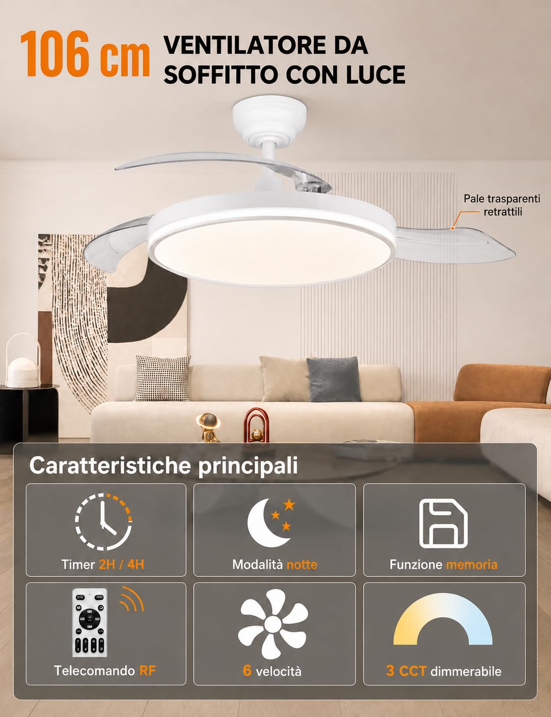 MARSI Ventilatore da Soffitto con Luce 106 cm e Pale Retrattili | Dimmerabile Lampada Ventilatore da Soffitto con Telecomando per Camera da Letto, Soggiorno e Cucina 6 Velocità