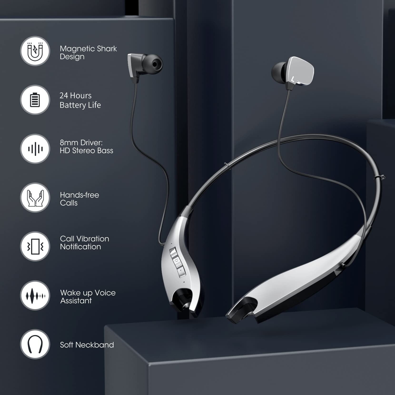 Auriculares Bluetooth con banda para el cuello, 24 horas de reproducción, alrededor del cuello, auriculares Bluetooth con vibración, micrófonos con cancelación de ruido, IPX7 impermeable, para