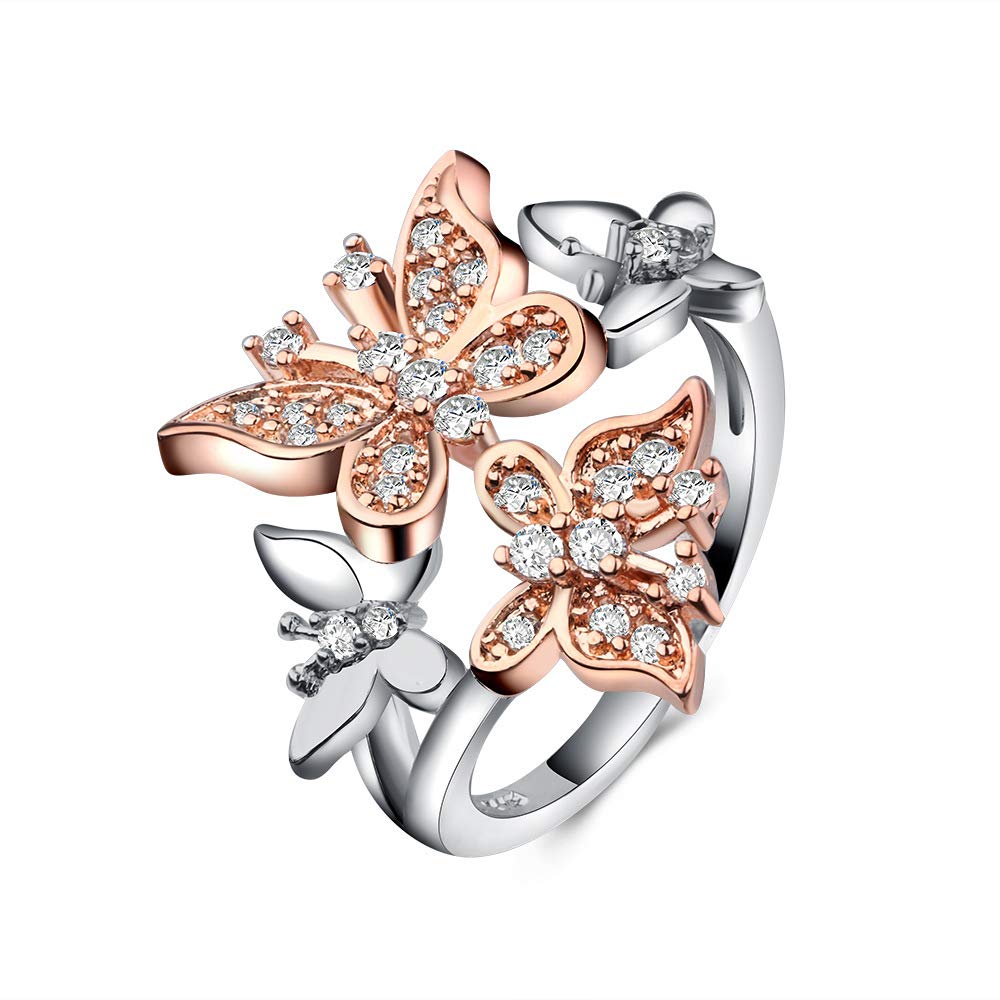 JESMINGRose Gold Diamond Butterfly Ring, Delicate CZ Simulated Diamond Ring Women 925 Silver Plated Cubic Zirconia Ring Cocktail Rings for Women