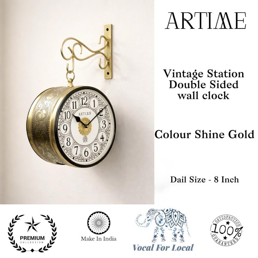 Image of Handcrafted Double Side Metal Analog Vintage Wall Clock | 1.5 Year Machine Warranty | 8 INCHES | 1 Side Number 1 Side Roman,Color L-Golden