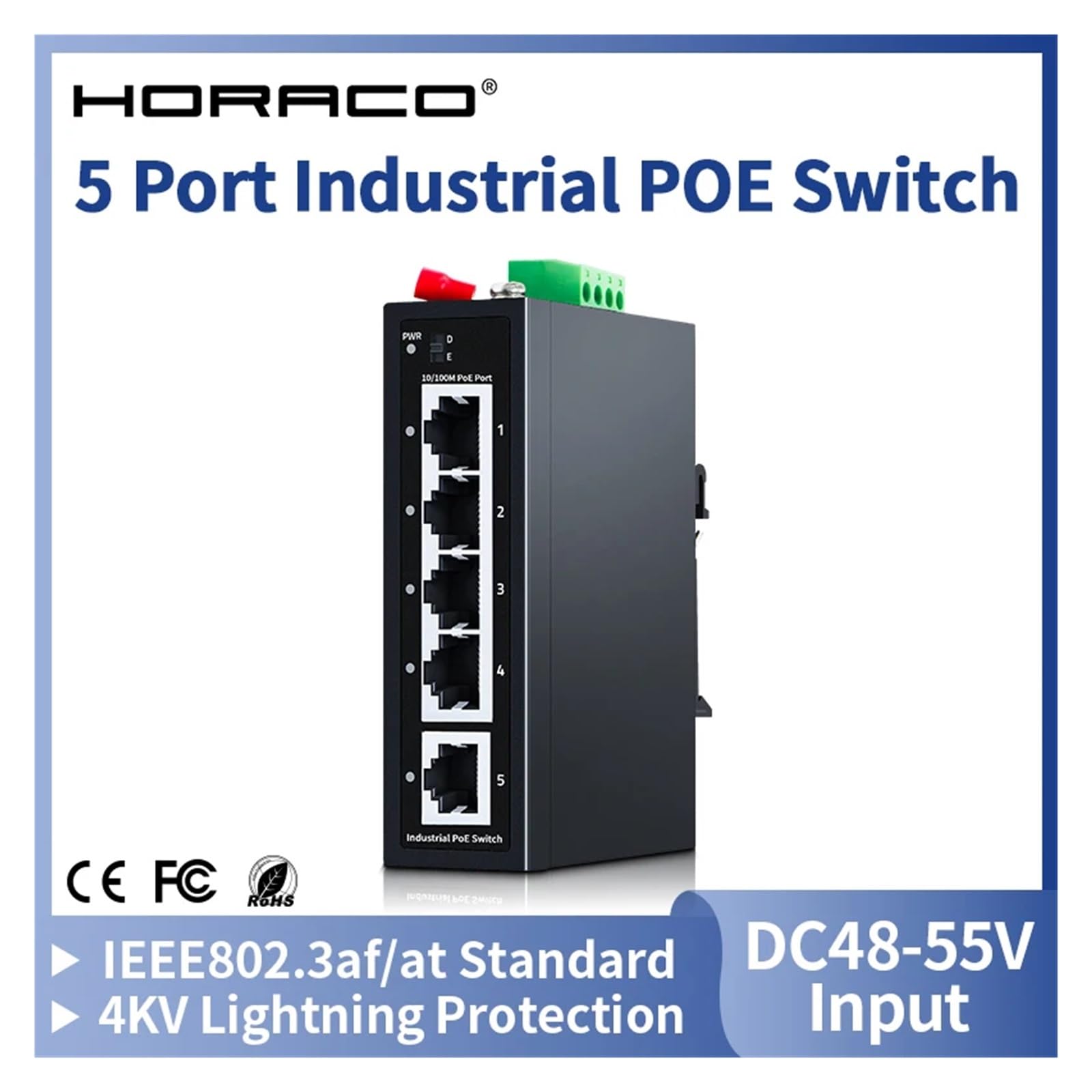 Conmutador POE industrial de 5 puertos 100 Mbps, interruptor Ethernet de red VLAN 4KV, riel de protección contra rayos montado en la pared DC48-55V