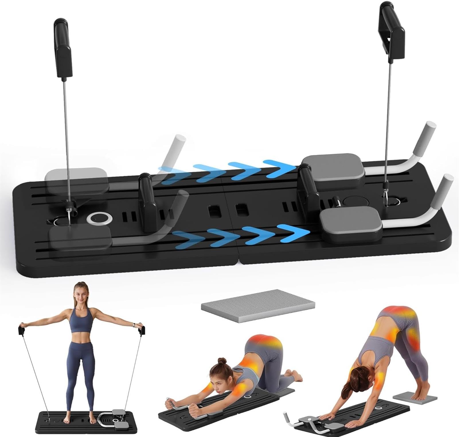 Ab Roller mit Ellenbogenstütze, Multifunktionales Bauchbrett mit Widerstandsbändern und Kniematte, Automatischer Rückprall, Ganzkörpertrainingsgerät