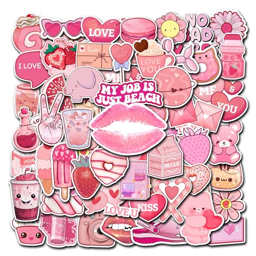 BIGZORO 50 PCS Pack Cute Pink Stickers Decoration Laptop Skateboard Luggage Water Bottles HydroFlask Computer Waterproof Vinyl Aesthetic Vsco Sticker Decals for Teens Girls Kids