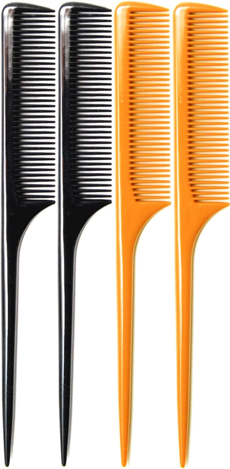 4 Pack Rat Tail Comb 9.25 Inch Fine Tooth Hair Comb for Parting, Sectioning, Teasing & Styling, Long Tail Handle, Heat Resistant Hairdresser Barber Salon Comb for Women Men, Black & Brown