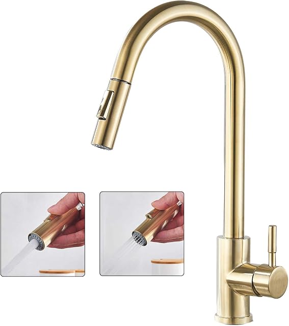 Suguword Kitchen Sink Mixer Tap with Pull Out 360° Swivel Spout 2 Water Modes High Arc Single Lever Brass Bathroom Mixer Tap, Brushed Gold