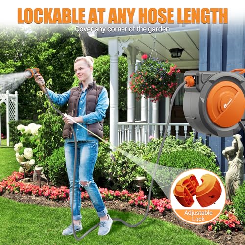 5/8" x 75 ft Retractable Hose Reel, Heavy Duty Retractable Garden Hose Reel Wall Mounted with 10-Pattern Hose Nozzle/Any Length Lock/Slow Return System/180°Swivel Bracket,Orange by Dkenicor - Image 9