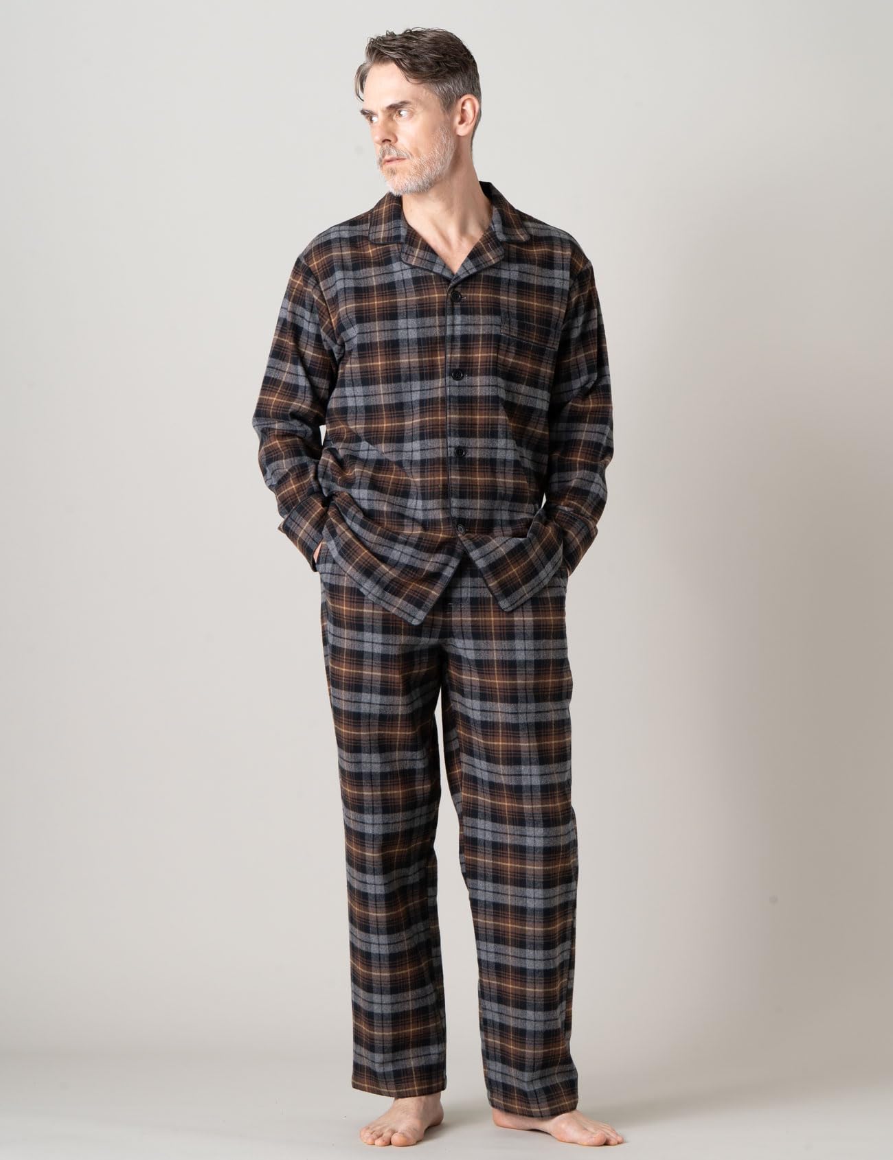LAPASA 100% Cotone Flanella Completo Pigiama da Uomo a Quadri con Tasche e Coulisse, Set Maglia & Pantaloni M95