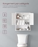 VASAGLE Meuble Mural, Meuble de Rangement Suspendu pour Salle de Bains, Armoire à Pharmacie avec Étagère Réglable, Double Porte et Étagère Ouverte, 20 x 60 x 70 cm, Blanc BBC27WT - 5