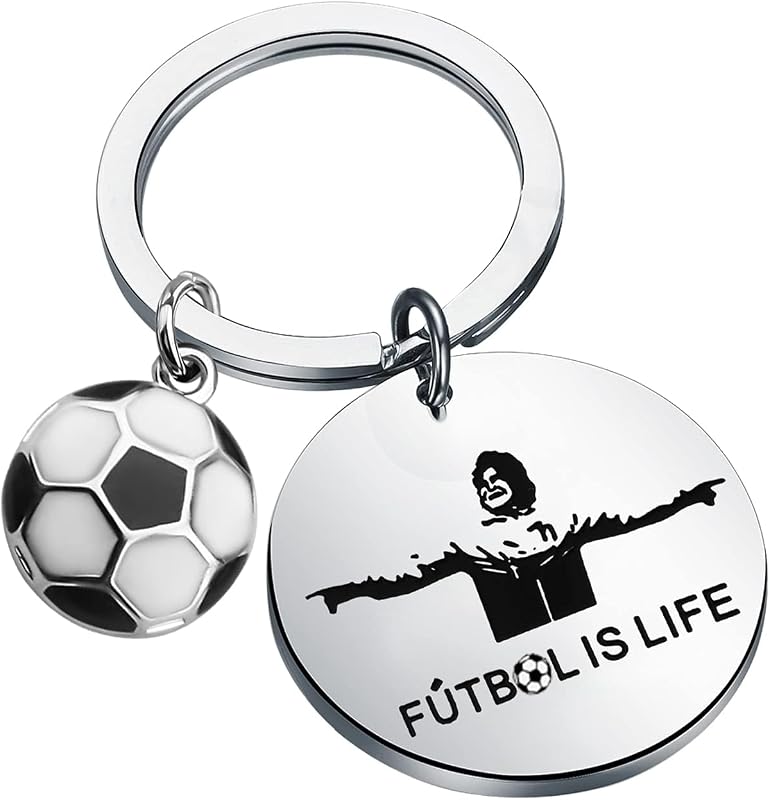 Chaveiro ENSIANTH com tema de futebol, metal prateado e embalagem de veludo