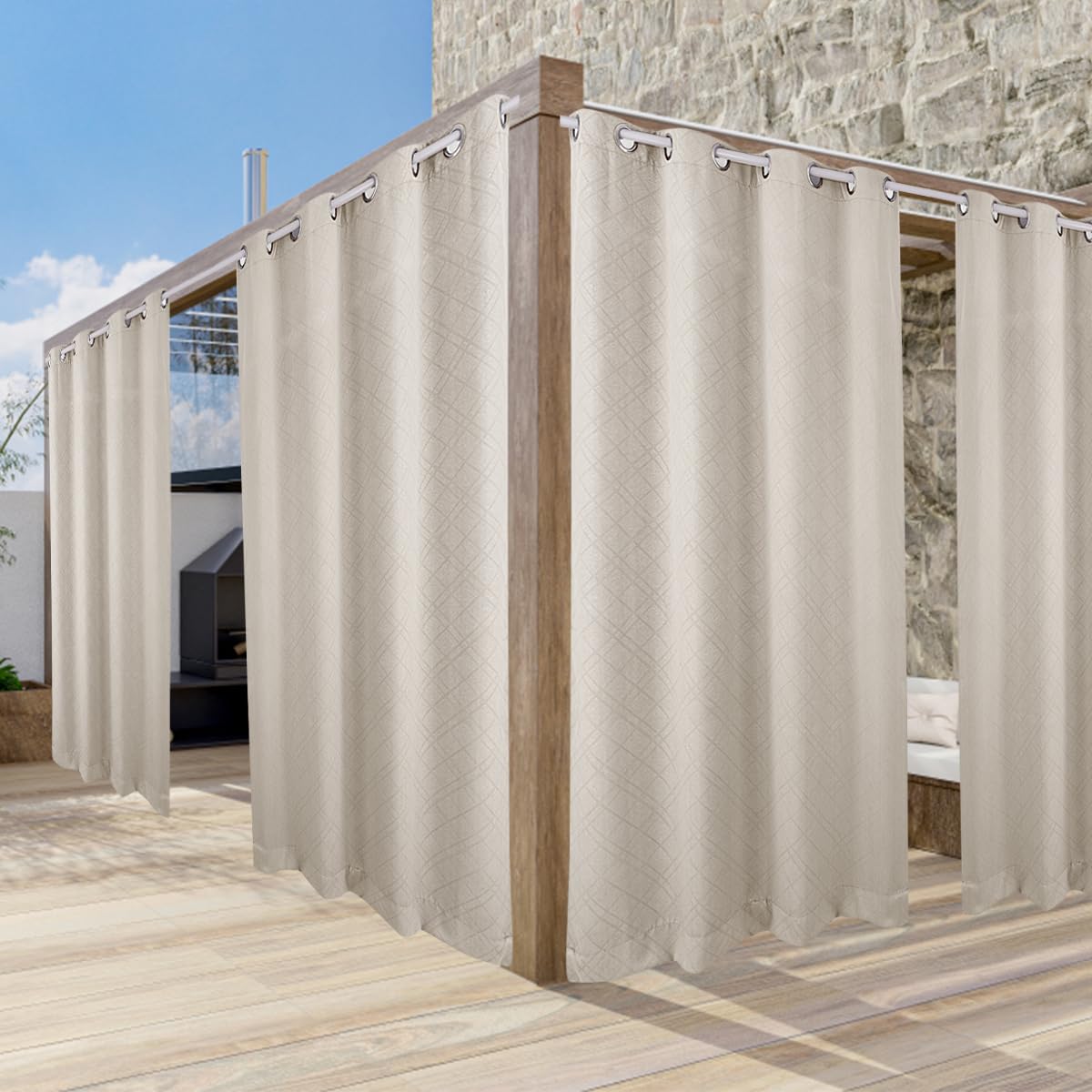 ele ELEOPTION Rideau Extérieur Imperméables Protéger Contre UV Isolants Thermiques, avec Perforations, Adaptés aux Jardins, Terrasses, Pergola, Balcons, Texturé 3D Blanc Cassé, 1 Pièce / 132 X 213cm