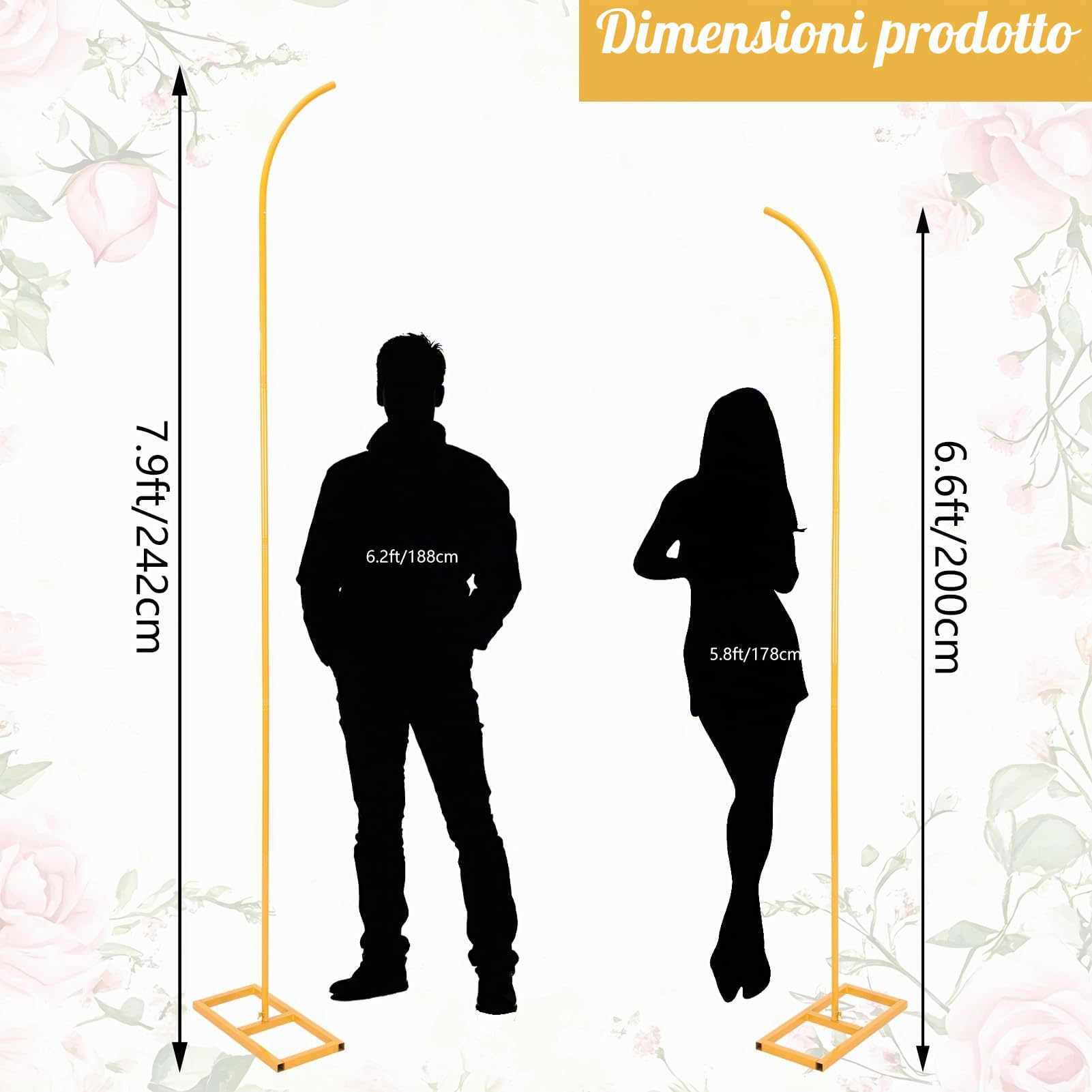Supporto per arco di palloncini in metallo, set di supporto per sfondo per matrimonio, semicircolare dorato, adatto per compleanni, matrimoni, battesimi e tutti i tipi di celebrazioni (190 cm e 230 cm