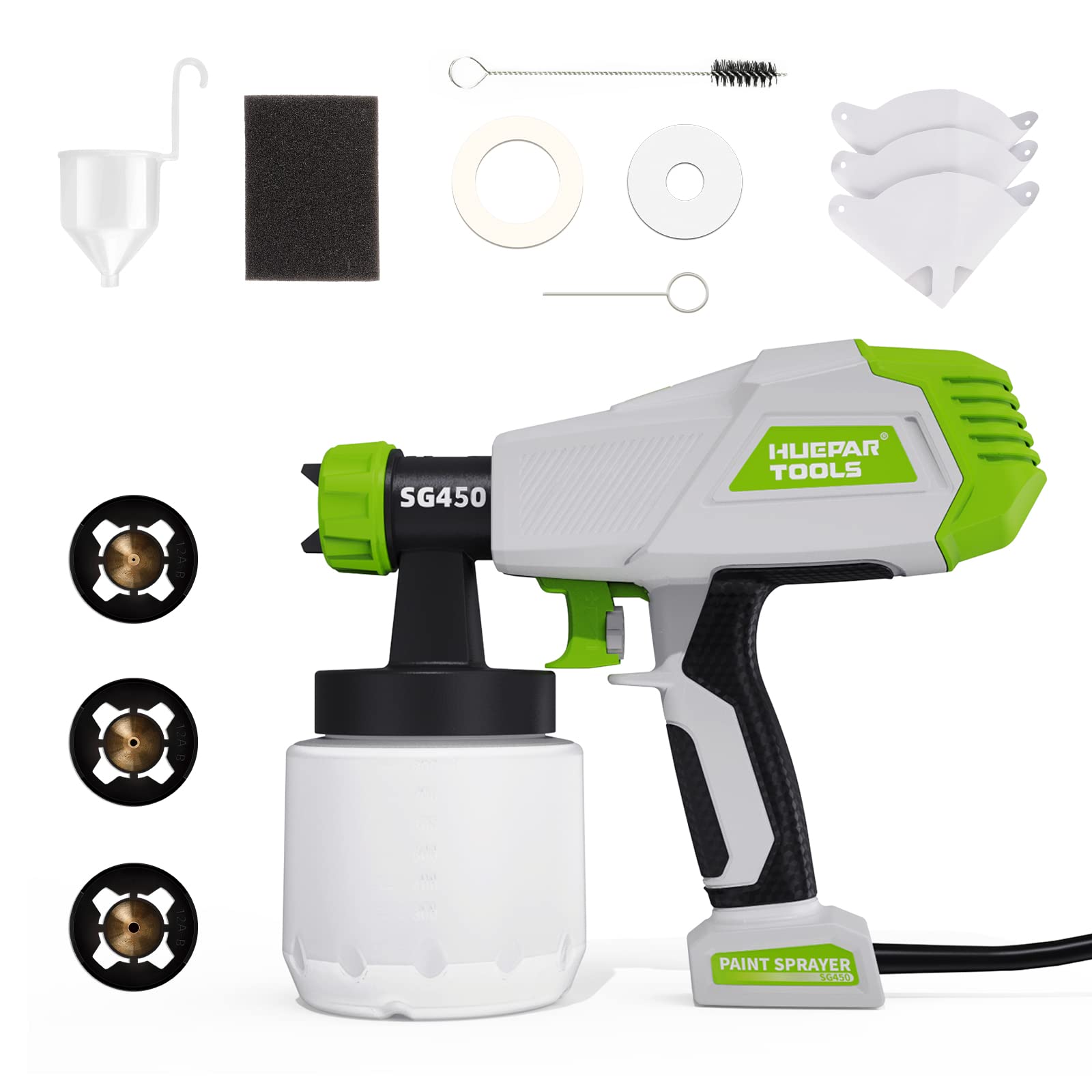 Paint Sprayer, Huepar Tools 450W HVLP Electric Gun with 27 Fl Oz Container, 4 Metal Nozzles & 3 Patterns, Suitable for Home Interior and Exterior Walls, House, Furniture, Fence