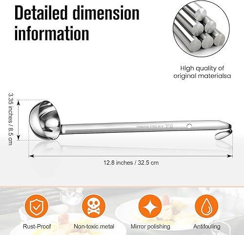 Vista 3 de Cunhill 5 cucharones de sopa de acero inoxidable con mango largo para servir, cocinar, revolver, porcionar, accesorios de cocina y restaurante